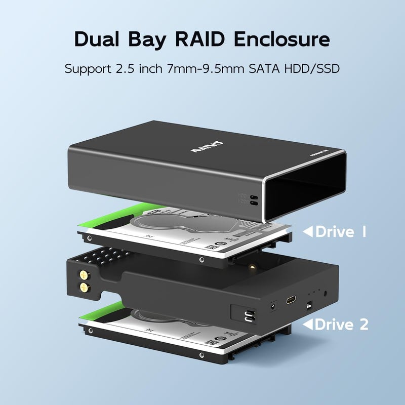 MAIWO حاوية RAID للقرص الصلب MAIWO مزدوجة الفتحة لقرص SSD/HDD SATA بحجم 2.5 بوصة، USB 3.1 GEN 2 بسرعة 10Gbps مع UASP، RAID 0/1/JBOD/PM، سعة 16TB، علبة قارئ القرص الصلب الخارجية من الألمنيوم - Image 2